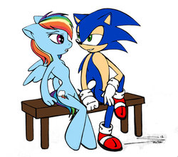 Size: 900x796 | Tagged: safe, artist:soulveiwinterfall, rainbow dash, anthro, unguligrade anthro, g4, crossover, crossover shipping, female, interspecies, male, shipping, sonic the hedgehog, sonic the hedgehog (series), sonicdash, sonicified, straight, style emulation