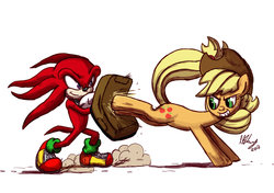 Size: 1024x722 | Tagged: dead source, safe, artist:projectzuel, applejack, g4, appleknux, crossover, crossover shipping, female, interspecies, knuckles the echidna, male, shipping, sonic the hedgehog (series), straight