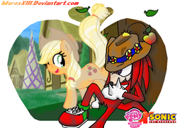 Size: 900x654 | Tagged: safe, artist:maroxxiii, applejack, g4, appleknux, crossover, crossover shipping, female, interspecies, knuckles the echidna, love, male, shipping, sonic the hedgehog (series), straight