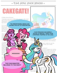 Size: 751x965 | Tagged: safe, artist:toonbat, berry punch, berryshine, pinkie pie, princess celestia, alicorn, earth pony, pony, g4, bipedal, cake, cakelestia, concave belly, eyes closed, female, food, open mouth, popping out of a cake, seanbaby, slender, surprise cake, thin, trio, trio female