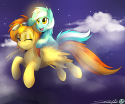 Size: 3000x2500 | Tagged: safe, artist:spittfireart, lyra heartstrings, spitfire, pegasus, pony, unicorn, g4, cloud, duo, female, filly, filly lyra, flying, high res, lyra riding spitfire, ponies riding ponies, riding, starry night, younger