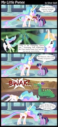 Size: 1000x2180 | Tagged: safe, artist:mlp-silver-quill, crackle, princess celestia, queen chrysalis, twilight sparkle, alicorn, changeling, changeling queen, dragon, pony, unicorn, g4, comic, female, funny, mare, unicorn twilight