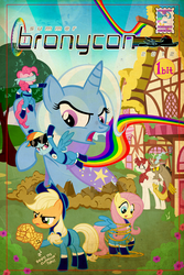 Size: 800x1200 | Tagged: safe, artist:pixelkitties, applejack, discord, fluttershy, pinkie pie, rainbow dash, trixie, oc, oc:fausticorn, alicorn, pony, g4, alicorn oc, blindfold, fantastic four, lauren faust, sunglasses, tangled up