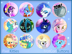 Size: 900x681 | Tagged: safe, artist:pixelkitties, applejack, cup cake, derpy hooves, princess cadance, princess celestia, princess luna, queen chrysalis, rarity, tom, trixie, twilight sparkle, alicorn, earth pony, pegasus, pony, unicorn, g4, buttons, female, mare, merchandise