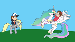 Size: 2048x1153 | Tagged: safe, artist:scootscoots, derpy hooves, princess celestia, pegasus, pony, g4, crossover, dipper pines, female, gravity falls, mabel pines, male, mare