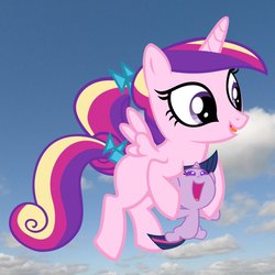 Size: 894x894 | Tagged: safe, princess cadance, twilight sparkle, alicorn, pony, unicorn, g4, baby, baby pony, babylight sparkle, duo, duo female, female, filly, filly cadance, flying, teen princess cadance, unicorn twilight, younger