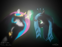 Size: 3850x2975 | Tagged: safe, artist:afl316, princess celestia, queen chrysalis, changeling, changeling queen, g4, female, fight, high res, magic, vs.