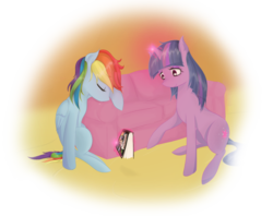 Size: 1142x905 | Tagged: safe, artist:v-invidia, rainbow dash, twilight sparkle, pegasus, pony, unicorn, g4, book, couch, drool, duo, female, mare, sleeping