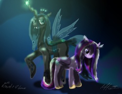 Size: 3850x2975 | Tagged: safe, artist:afl316, princess cadance, queen chrysalis, alicorn, changeling, changeling queen, pony, g4, crown, crying, fangs, female, glowing, glowing horn, high res, horn, jewelry, regalia, transparent wings, wings