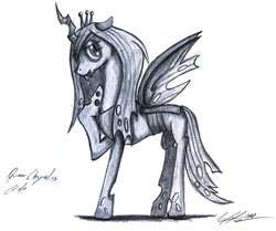 Size: 1535x1286 | Tagged: safe, artist:afl316, queen chrysalis, changeling, changeling queen, g4, fangs, female, looking at you, raised hoof, signature, simple background, sketch, solo, standing, traditional art, white background