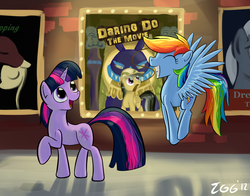 Size: 1771x1389 | Tagged: safe, artist:tggeko, daring do, rainbow dash, twilight sparkle, g4, duo focus, happy, movie poster