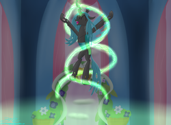 Size: 3504x2552 | Tagged: safe, artist:mikoruthehedgehog, queen chrysalis, changeling, changeling queen, g4, eyes closed, fangs, female, glowing horn, high res, horn, magic, open mouth, smiling, solo
