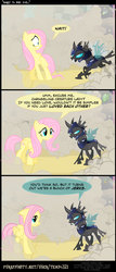 Size: 809x1894 | Tagged: safe, artist:tempo321, derpy hooves, fluttershy, changeling, pegasus, pony, g4, comic, disguise, disguised changeling, female, food, funny background event, hilarious in hindsight, jerk, mare, muffin, shapeshifting
