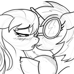 Size: 500x500 | Tagged: safe, artist:reiduran, dj pon-3, octavia melody, vinyl scratch, earth pony, pony, unicorn, g4, blushing, duo, female, glasses, imminent kissing, kissing, lesbian, mare, ship:scratchtavia, shipping