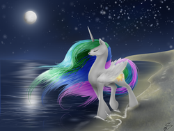 Size: 1600x1200 | Tagged: safe, artist:swanpl, princess celestia, alicorn, pony, g4, beach, eyes closed, female, folded wings, mare, moon, night, solo, water, windswept mane, wings