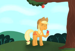 Size: 2500x1700 | Tagged: safe, artist:mikoruthehedgehog, applejack, earth pony, pony, g4, :t, apple, apple tree, eating, eyes closed, female, food, herbivore, hoof hold, mare, obligatory apple, smiling, solo, that pony sure does love apples, tree