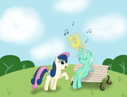 Size: 3316x2552 | Tagged: safe, artist:mikoruthehedgehog, bon bon, lyra heartstrings, sweetie drops, earth pony, pony, unicorn, g4, bench, duo, eyes closed, female, high res, lyre, mare, music, music notes, musical instrument, open mouth, raised hoof, sitting
