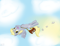 Size: 3324x2552 | Tagged: safe, artist:mikoruthehedgehog, derpy hooves, pegasus, pony, g4, bag, female, flying, high res, letter, mare, solo