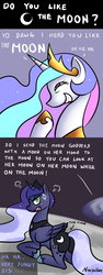 Size: 600x1600 | Tagged: safe, artist:ninjaham, princess celestia, princess luna, alicorn, pony, g4, angry, butt, comic, glare, grin, moon, moonbutt, open mouth, plot, prone, pun, smiling, to the moon, trollestia, yo dawg