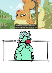 Size: 639x900 | Tagged: safe, edit, edited screencap, screencap, applejack, lyra heartstrings, applebuck season, g4, fat, gay fatty, lard-ra heartstrings, youtube caption