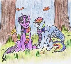 Size: 800x716 | Tagged: safe, artist:loupgaros, rainbow dash, twilight sparkle, pegasus, pony, unicorn, g4, autumn, clothes, duo, female, lesbian, mare, open mouth, scarf, ship:twidash, shipping, spread wings, traditional art, unicorn twilight, wings