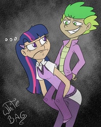 Size: 758x956 | Tagged: safe, artist:whitebag, spike, twilight sparkle, human, .mov, magic.mov, g4, duo, duo male and female, female, human spike, humanized, implied shipping, implied straight, implied twispike, male, riding, spike riding twilight