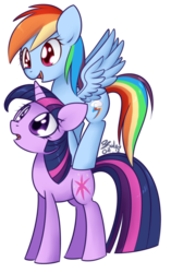 Size: 766x1223 | Tagged: safe, artist:solar-slash, rainbow dash, twilight sparkle, pegasus, pony, unicorn, g4, eye shimmer, female, lesbian, looking up, mare, open mouth, ship:twidash, shipping, simple background, smiling, spread wings, stack, transparent background, unicorn twilight, wings