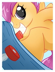 Size: 1950x2550 | Tagged: safe, artist:steffy-beff, scootaloo, pegasus, pony, g4, close-up, female, scooter, smiling, solo