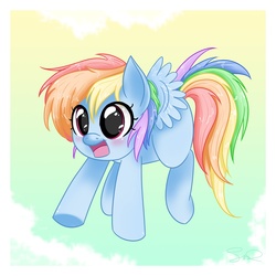 Size: 1620x1620 | Tagged: safe, artist:steffy-beff, rainbow dash, pegasus, pony, g4, blushing, cloud, cute, dashabetes, female, filly, filly rainbow dash, open mouth, sky, solo, younger