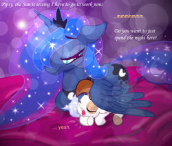 Size: 1024x870 | Tagged: safe, artist:gavalanche, pipsqueak, princess luna, bed, comic sans, cute, date night, eyes closed, female, lunapip, male, shipping, sleeping, sparkles, straight, wing blanket