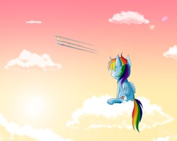 Size: 1869x1494 | Tagged: safe, artist:steffy-beff, rainbow dash, soarin', spitfire, surprise (g4), pegasus, pony, g4, cloud, female, flying, looking at someone, male, mare, sitting, stallion, trail, wonderbolts
