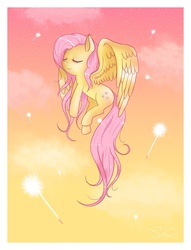 Size: 1950x2550 | Tagged: safe, artist:steffy-beff, fluttershy, pegasus, pony, g4, eyes closed, female, flying, mare, sky, solo