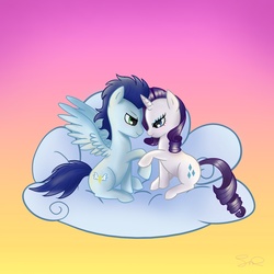 Size: 1500x1500 | Tagged: safe, artist:steffy-beff, rarity, soarin', pegasus, pony, unicorn, g4, cloud, female, gradient background, male, mare, shipping, simple background, sitting, soarity, stallion, straight