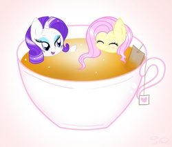 Size: 1430x1218 | Tagged: safe, artist:steffy-beff, fluttershy, rarity, pony, g4, cup of pony, drink, food, micro, raritea, tea