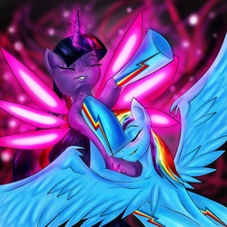 Size: 3508x3508 | Tagged: safe, artist:noideasfornicknames, rainbow dash, twilight sparkle, g4, clothes, female, high res, hug, lesbian, light wings, ship:twidash, shipping, socks