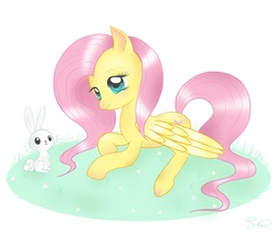 Size: 1398x1174 | Tagged: safe, artist:steffy-beff, angel bunny, fluttershy, pegasus, pony, rabbit, g4, animal, duo, female, flower, grass, lying down, mare, partial background, prone, smiling, wings