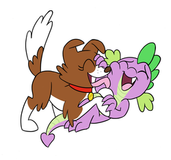Size: 1187x1111 | Tagged: safe, artist:mickeymonster, spike, winona, g4, colored, cute, duo, eyes closed, female, licking, male, open mouth, simple background, tongue out, white background