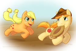 Size: 1057x702 | Tagged: safe, artist:redadillio, applejack, braeburn, earth pony, pony, g4, duo, female, hat, male, mare, mouth hold, open mouth, stallion