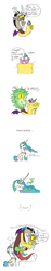 Size: 707x3793 | Tagged: safe, artist:mickeymonster, discord, princess celestia, spike, alicorn, draconequus, dragon, pony, squeezin' it, g4, accidental kiss, burp, butt kiss, comic, derp, dragonfire, female, fire, fire breath, fire burp, green fire, male, mare, squeeze, surprised, teleportation mishap, wide eyes