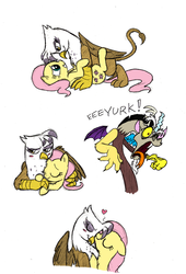 Size: 750x1100 | Tagged: safe, artist:mickeymonster, discord, fluttershy, gilda, draconequus, griffon, pegasus, pony, g4, and then discord was a man, crack shipping, cute, female, gildadorable, gildashy, lesbian, lesbian in front of boys, nuzzling, shipping, shyabetes