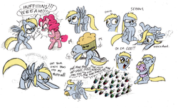 Size: 1200x735 | Tagged: safe, artist:mickeymonster, derpy hooves, dinky hooves, pinkie pie, parasprite, pegasus, pony, g4, cute, derpabetes, female, finding nemo, hug, mare, muffin, sketch, sketch dump