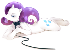 Size: 922x677 | Tagged: safe, artist:verrrrry, rarity, pony, unicorn, g4, bedroom eyes, blushing, collar, come hither, female, femsub, horn, leash, looking at you, mare, pose, prone, raised tail, rarisub, simple background, smiling, solo, submissive