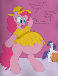 Size: 456x600 | Tagged: safe, artist:badgerben, artist:derpy-hooves, artist:sardonyxfox, pinkie pie, rarity, g4, belly, big belly, clothes, dress, hat, hyper pregnancy, impossibly large belly, pregnant, pregnant expansion