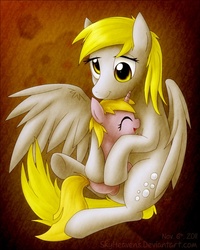 Size: 628x785 | Tagged: safe, artist:skyheavens, derpy hooves, dinky hooves, pegasus, pony, unicorn, g4, cute, duo, equestria's best mother, eyes closed, female, filly, hug, mare, open mouth, open smile, partially open wings, smiling, three quarter view, wings