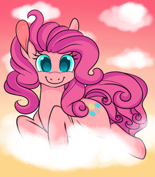 Size: 700x800 | Tagged: safe, artist:korodious, pinkie pie, earth pony, pony, g4, cloud, female, looking at you, mare, prone, smiling, solo