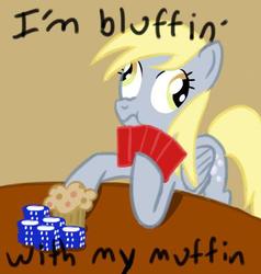 Size: 500x526 | Tagged: safe, artist:enigmocracy, derpy hooves, pegasus, pony, g4, artifact, card, female, food, lady gaga, mare, muffin, playing card, poker, poker chips, poker face, poker face (song), scrunchy face, solo, song reference