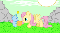 Size: 1920x1080 | Tagged: safe, artist:redenchilada, fluttershy, chao, g4, chao garden, crossover, cute, fruit, sonic the hedgehog (series)