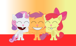 Size: 2435x1489 | Tagged: safe, artist:elica1994, apple bloom, scootaloo, sweetie belle, g4, cutie mark crusaders, happy tree friends