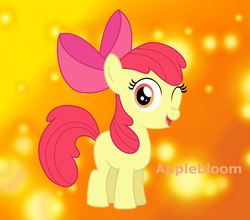 Size: 1088x957 | Tagged: safe, artist:elica1994, apple bloom, earth pony, pony, g4, abstract background, female, filly, foal, one eye closed, open mouth, solo, text