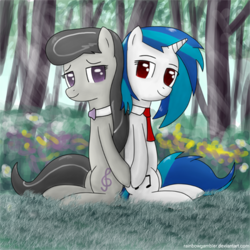 Size: 400x400 | Tagged: safe, artist:rainbowgambler, dj pon-3, octavia melody, vinyl scratch, earth pony, pony, unicorn, g4, clothes, duo, female, forest, holding hooves, leaning, lesbian, looking at each other, looking at someone, mare, ship:scratchtavia, shipping, sitting, suit